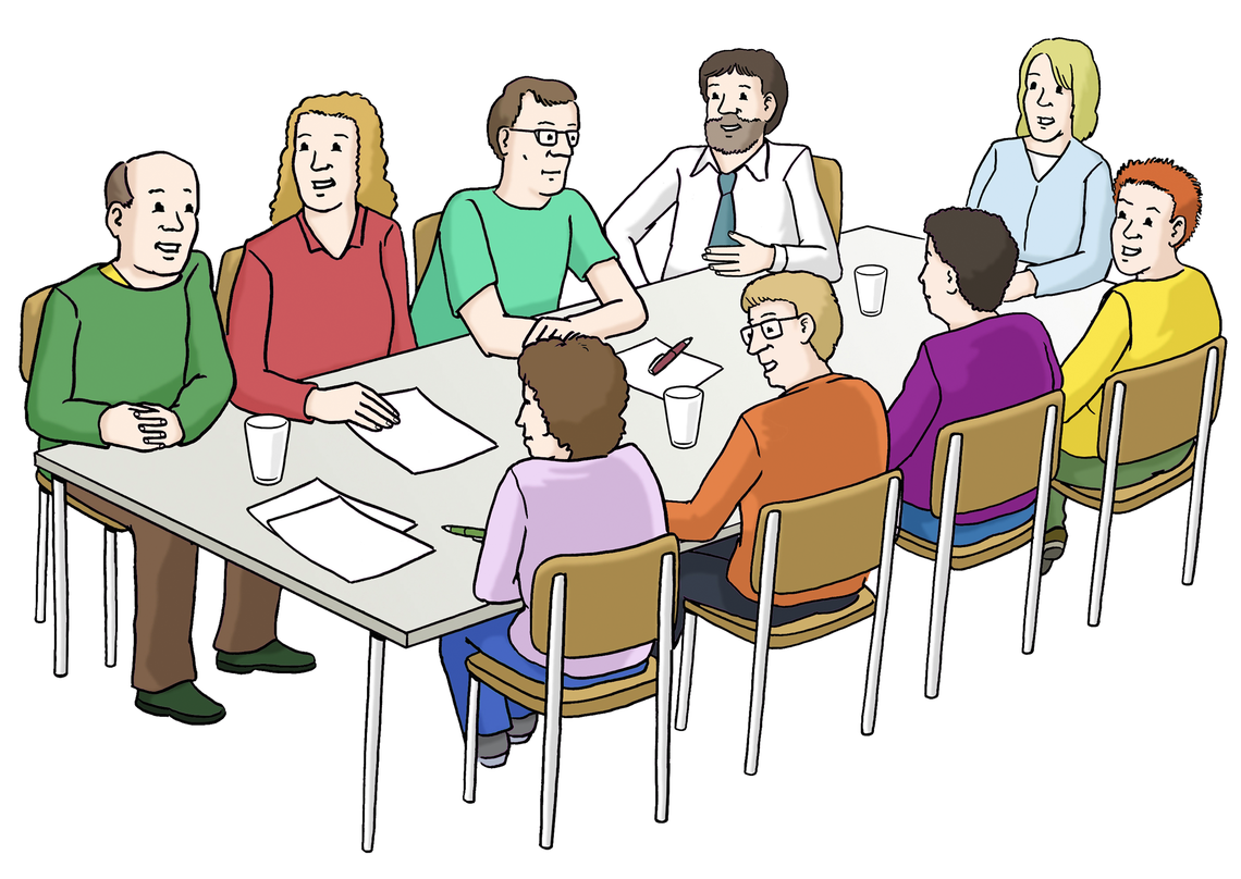 Zeichnung: Personen sitzen um eine Tisch, Sitzung Zeichnung: Personen sitzen um eine Tisch, Sitzung