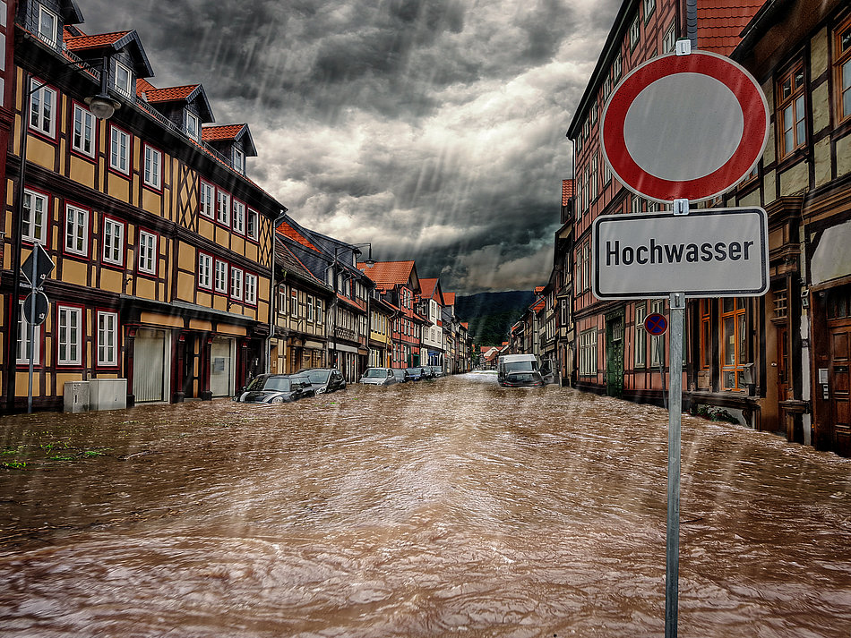 Hochwasser in einer Altstadt