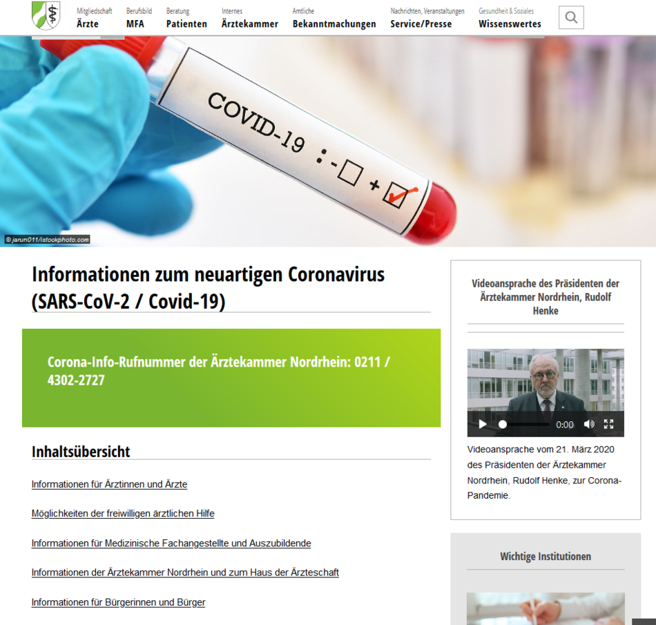 Screenshot der Themenseite Corona der Ärztekammer Nordrhein
