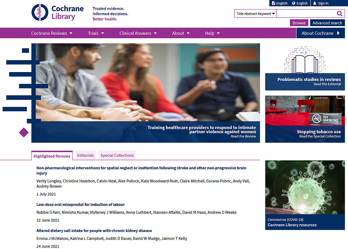 Startseite der Cochrane Library