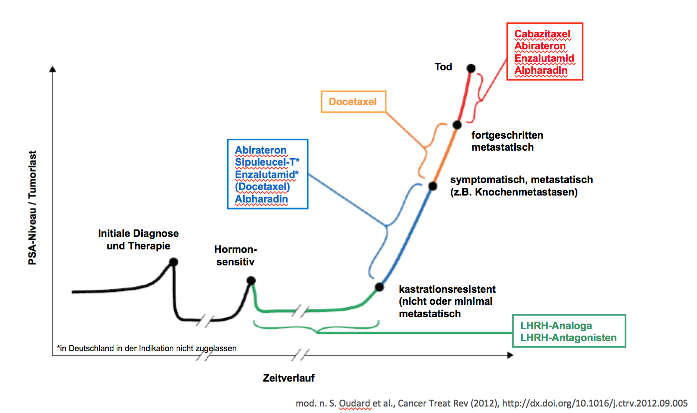 Verlauf der Prostatakarzinomerkrankung über die Hormonsensitivität über die Kastrationsresistenz bis zum Tod